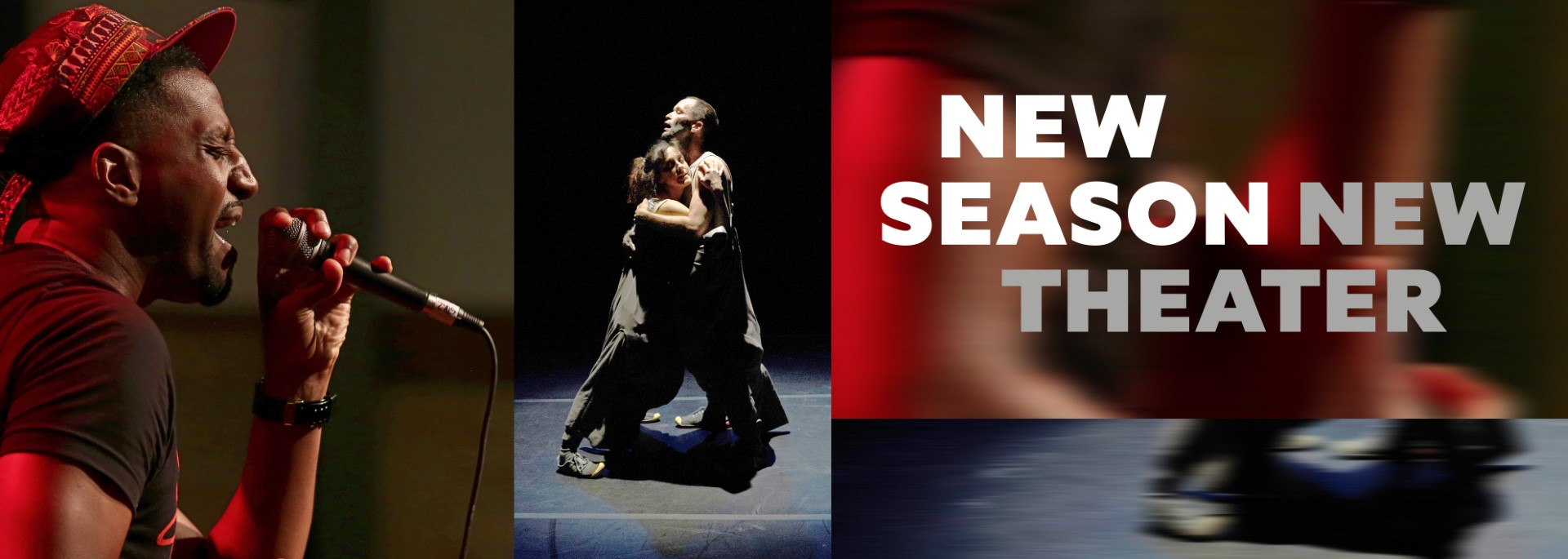 An image of J.Ivy, Ann Carlson + inkBoat and a blurred banner that says 'New Season, New Theater'