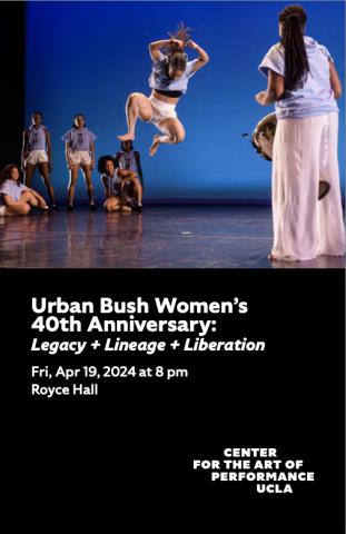 House program cover for Urban Bush Women featuring image of dancers posed in front of a blue backdrop on stage