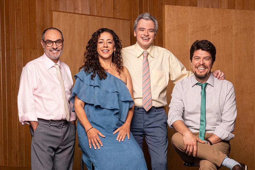 Luciana Souza and members of Trio Corrente pose together in front of a wood wall backdrop